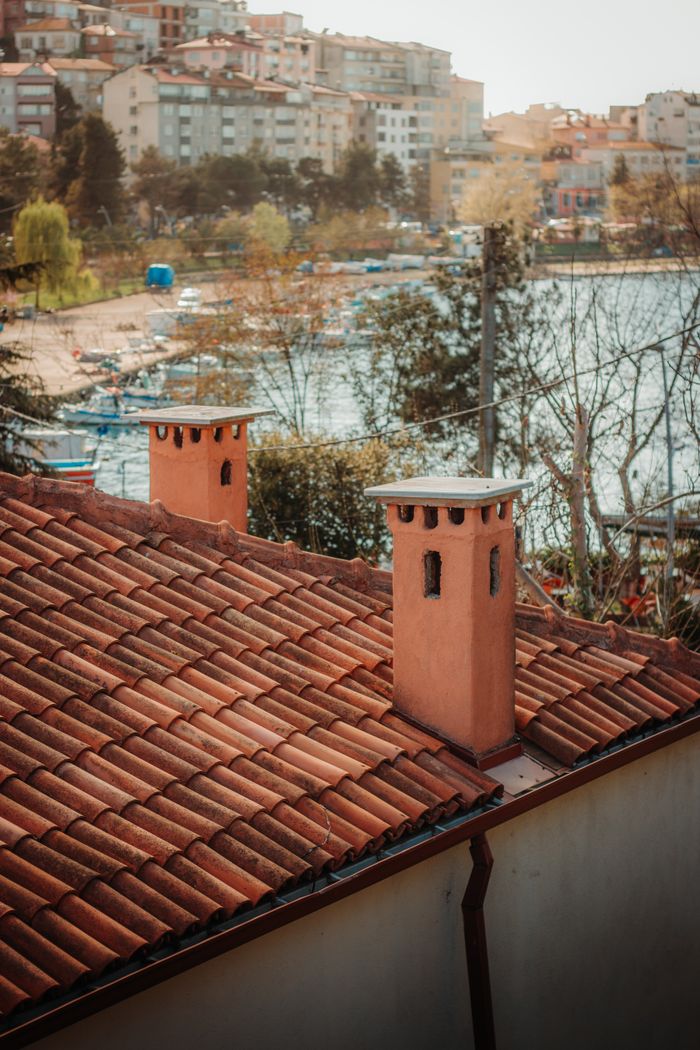 Servizi Red tiled rooftops with chimneys by a scenic waterfront town.